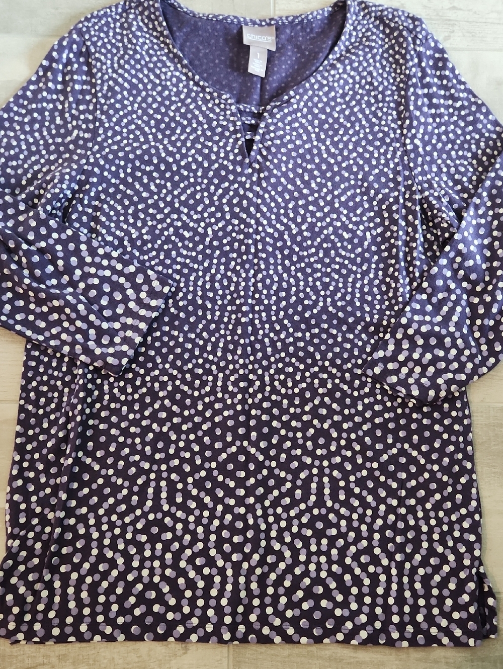 CHICOS 3/4 Sleeve Purple Dot Print Knit Top - Size 1